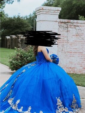 Strapless Royal Blue Ball Gown Prom Dress with Gold Embroidery